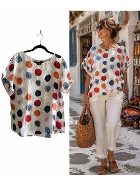 Pure Venice by Estenelle Made in Italy 100% Linen Oversized Polka Dot Top M